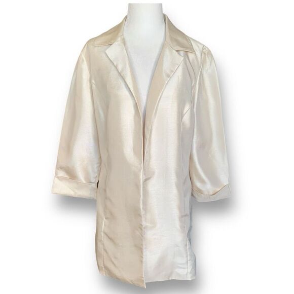 Chicos Blazer Jacket Metallic Golden Ecru Open Front Longline Wedding Guest - Picture 9 of 9